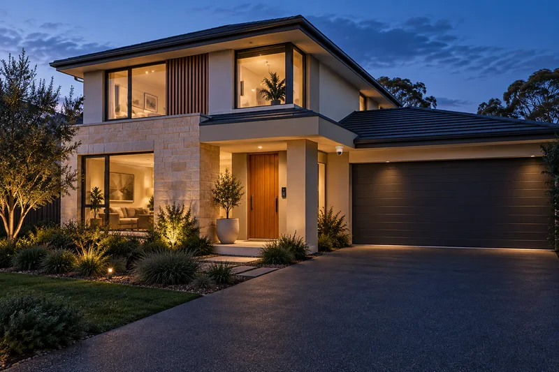Illustration of a welcoming two-storey home with a discreet camera and video doorbell.